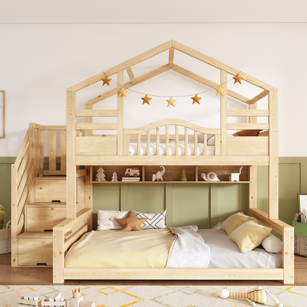 Etagenbett Hausbett Kiefer Stauraumtreppe natur 90x200 cm 140x200