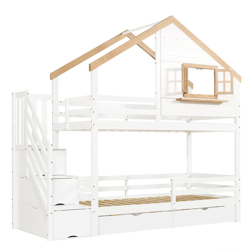 Lit superposé maison avec tiroirs blanc naturel 90x200 cm