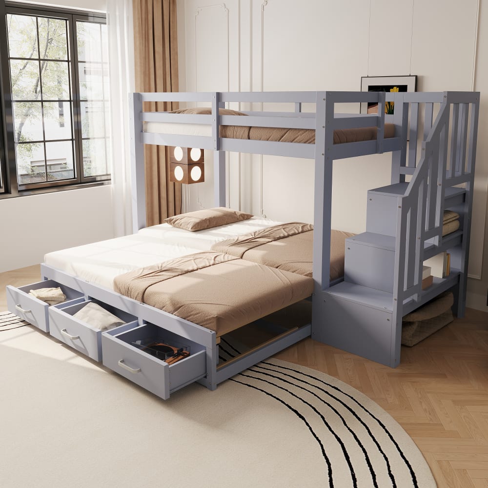 Etagenbett mit Ausziehbett und Stauraum Grau 90x200 180x190 cm -