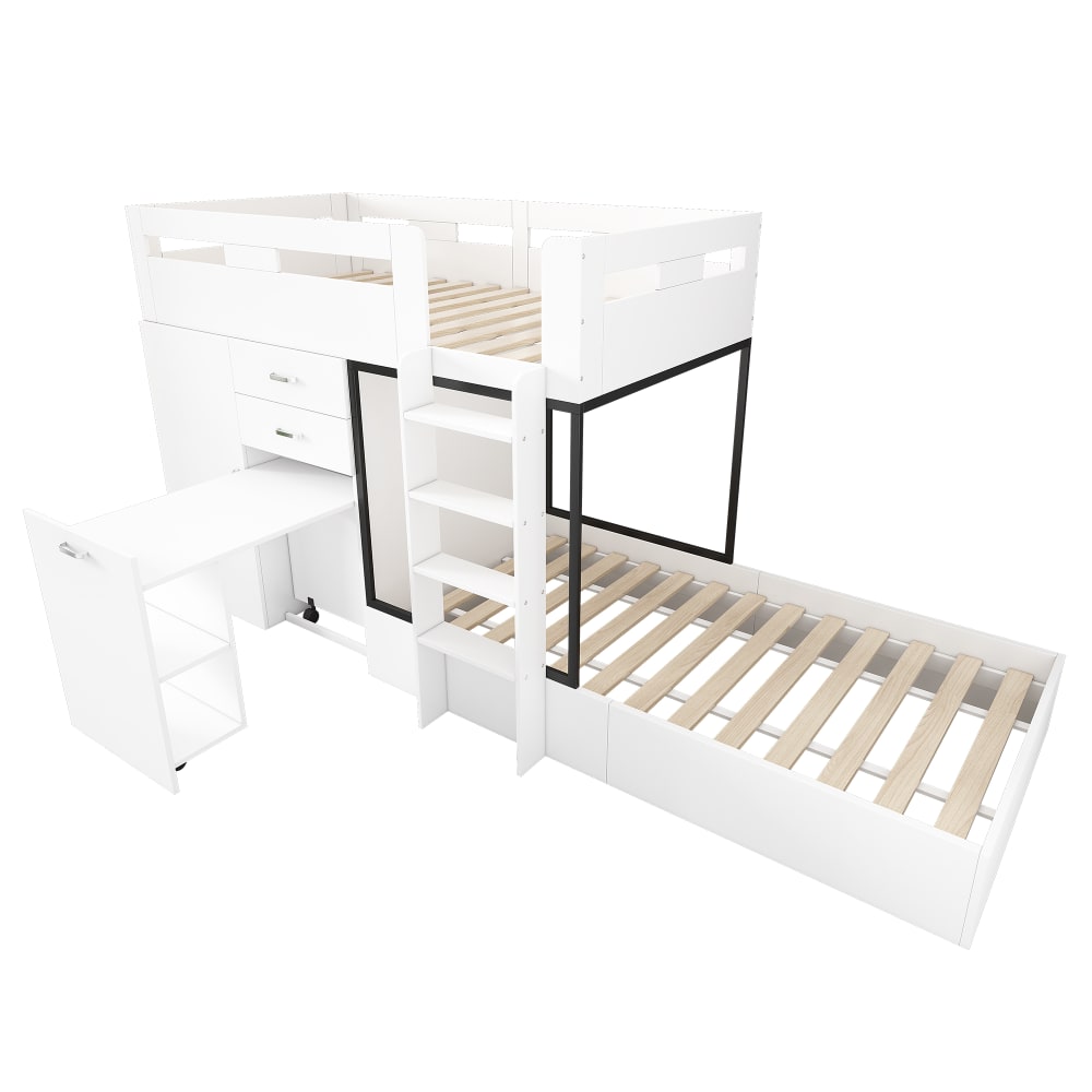 Lit superposé bureau extensible armoire blanc noir 90x200 cm