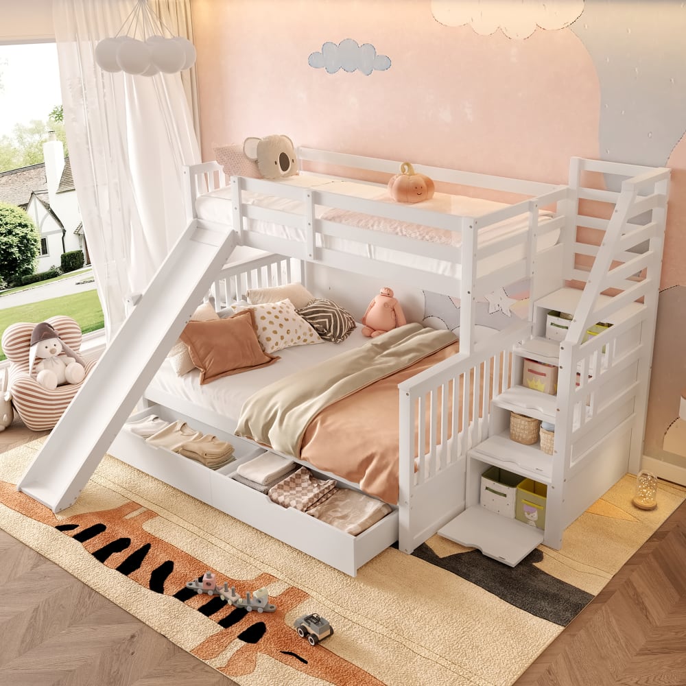 Etagenbett Kiefer Rutsche Schubladen Weiß 90x200 cm 140x200 cm -