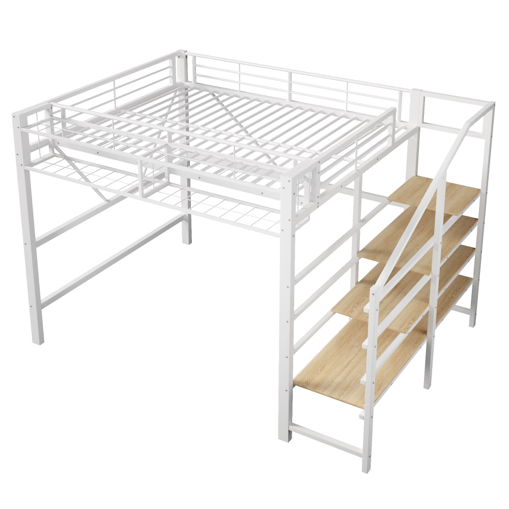 Lit mezzanine enfant en fer avec escalier et led blanc 140 x 200 cm