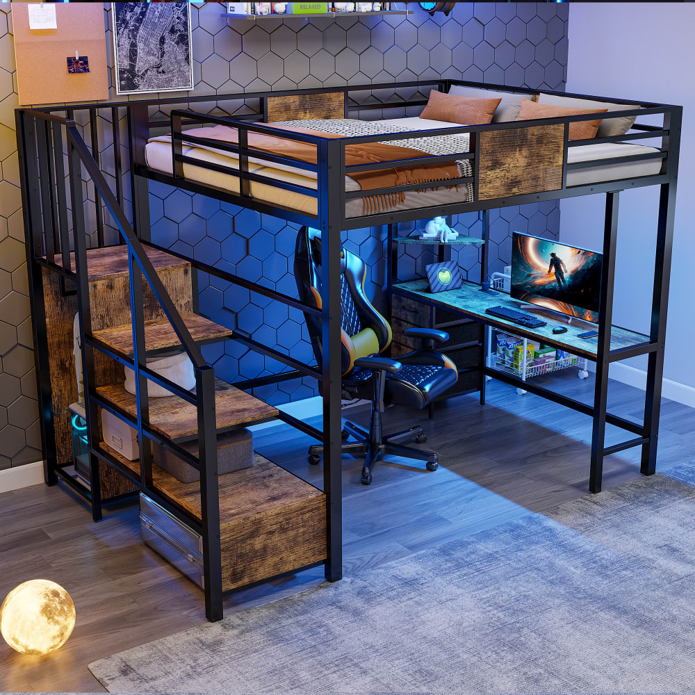 Hochbett Eisen Büro Stauraum led Schwarz 140x200 cm - Maisons Du
