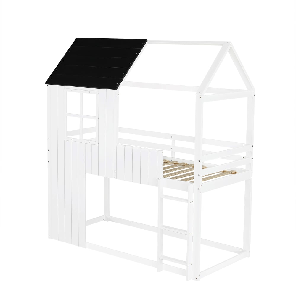 Lit mezzanine cabane enfant noir blanc 90x200 cm