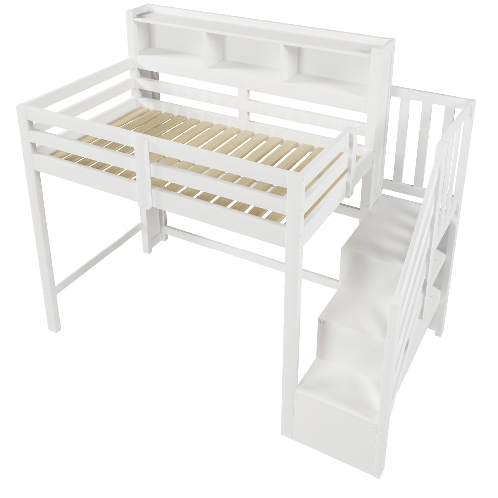 ComfortXL Kinderhochbett mit Stauraumtreppe und LED weiß 90 x 200 cm Holz Baby