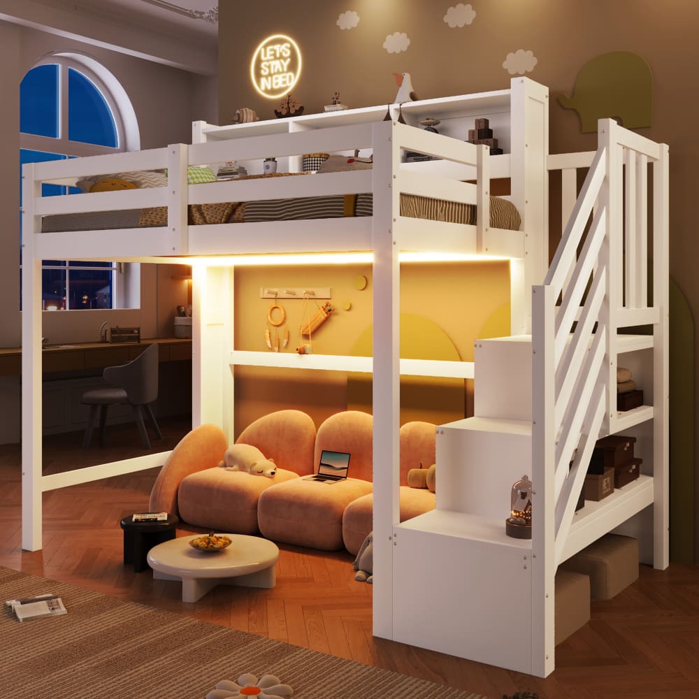 Kinderhochbett mit Stauraumtreppe und LED weiß 90 x 200 cm -