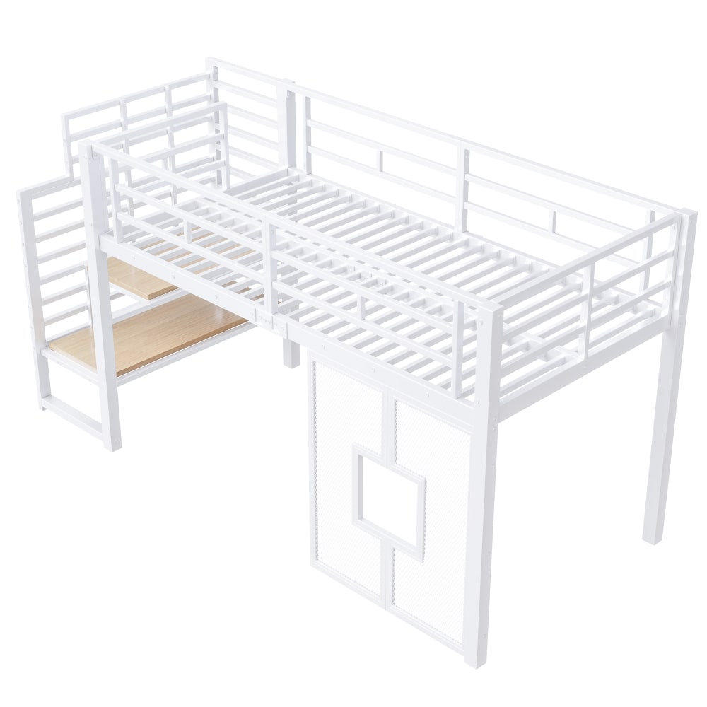 Lit mezzanine enfant en fer avec escalier et led blanc 90 x 200 cm