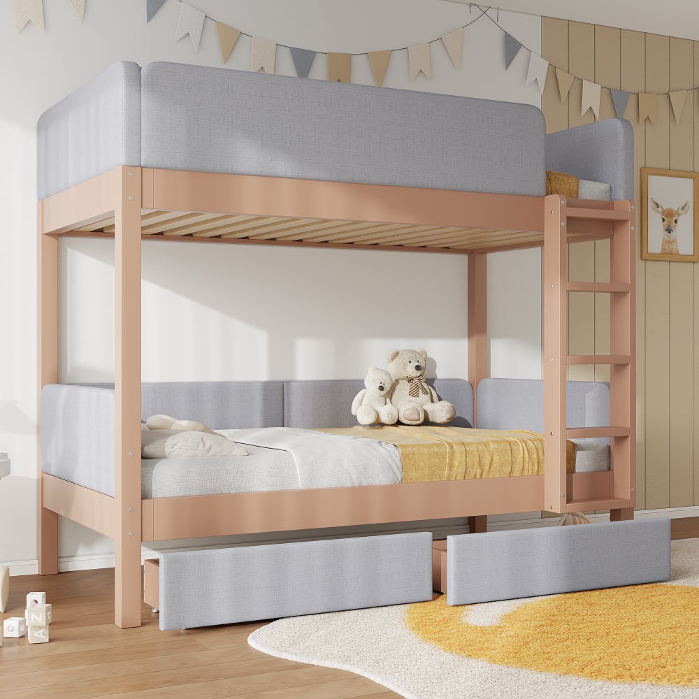 Gepolstertes Etagenbett mit Schubladen Grau Natur 90x200 cm -