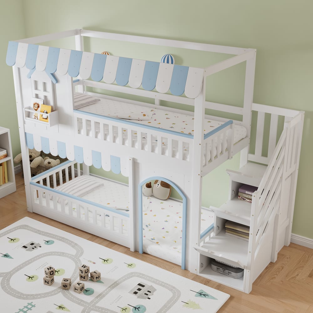 Kinder Hochbett Haus Stauraumtreppe weiß blau 90x200 cm - Maisons