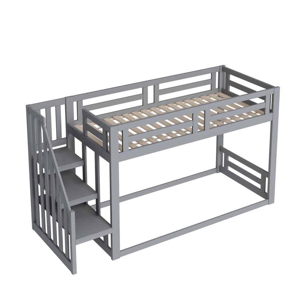 Lit superposé bas escalier rangement bois gris 90x200 cm