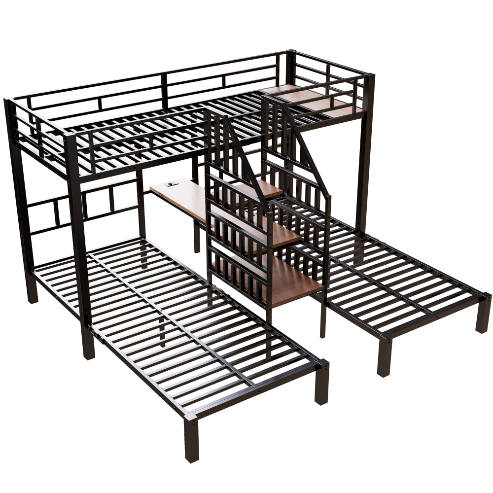 Lit superposé triple en fer avec led et bureau noir 90x200 cm