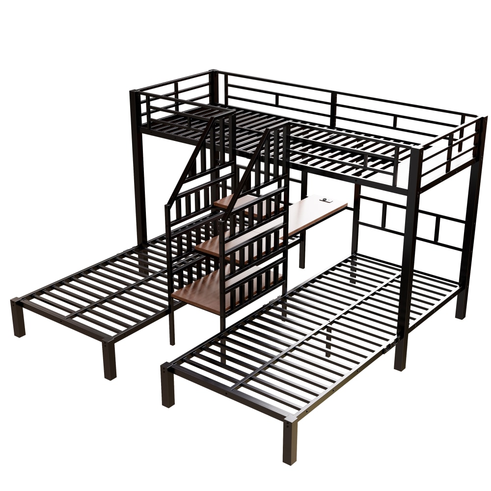 Dreifach Etagenbett aus Eisen mit led Tisch Schwarz 90x200 cm -