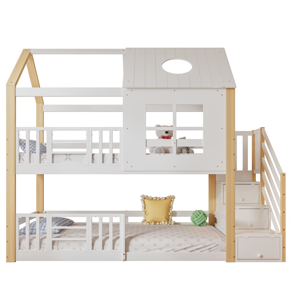 Lit superposé maison avec escalier blanc naturel 90x200 cm