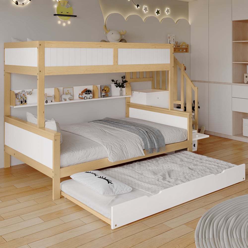Etagenbett mit Rollbett und Schrank Weiß Natur 90x200 120x200 cm