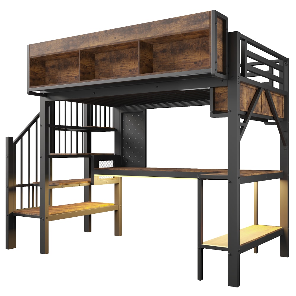 Lit mezzanine vintage bureau angle led noir brun 90x200 cm