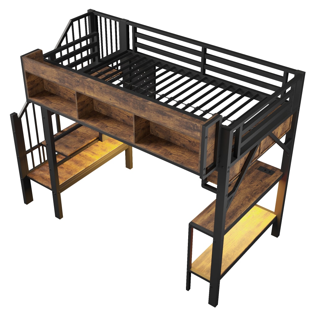 Hochbett Vintage Eckschreibtisch led Schwarz Braun 90x200 cm -