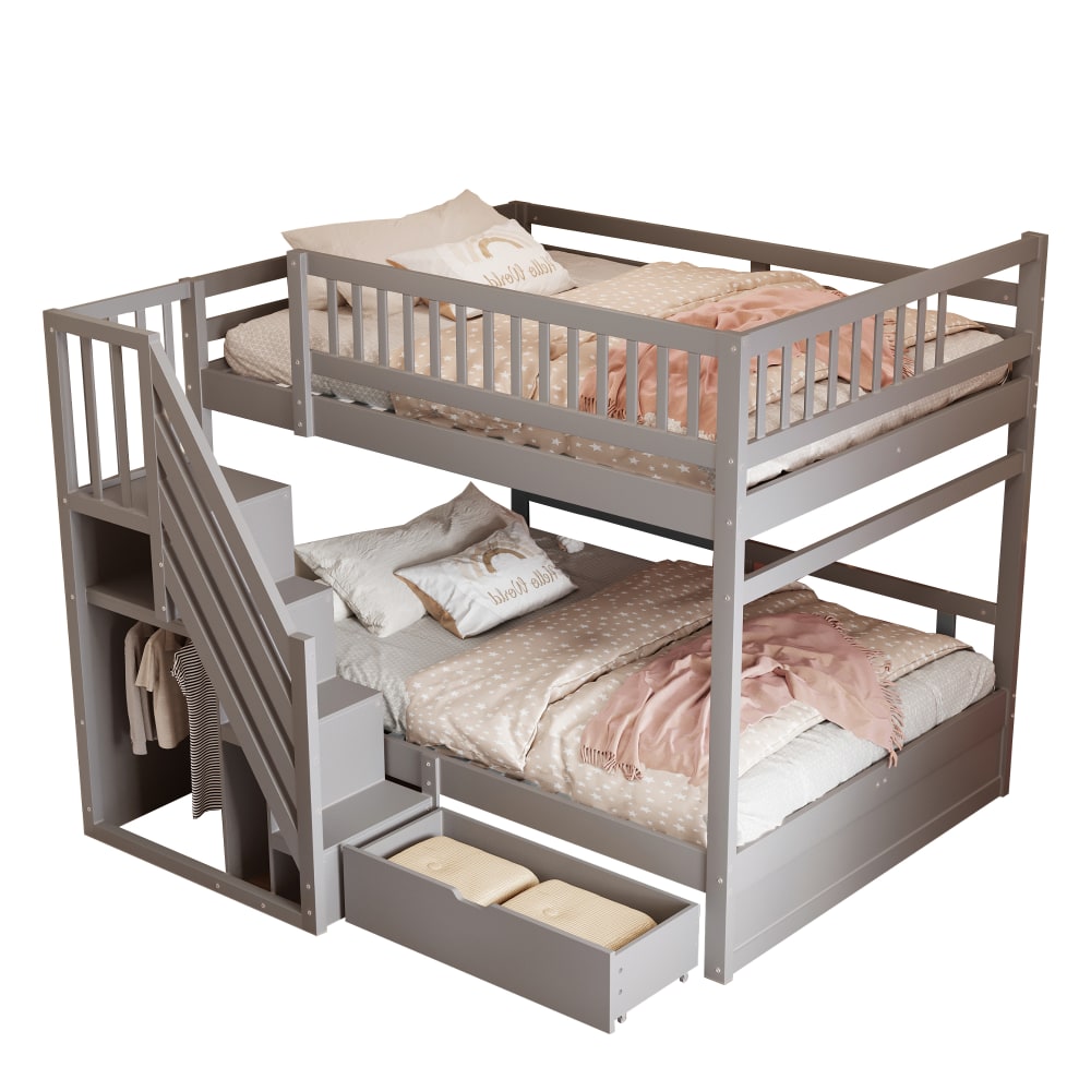 ComfortXL Massivholz Etagenbett Treppe Schubladen grau 140x200 cm Baby -