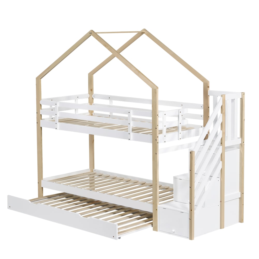 Lit cabane superposé avec gigogne blanc naturel 90x200 90x190 cm