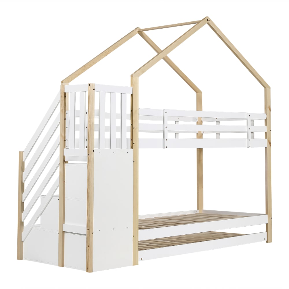 Haus Etagenbett mit Rollbett Weiß Natur 90x200 90x190 cm -