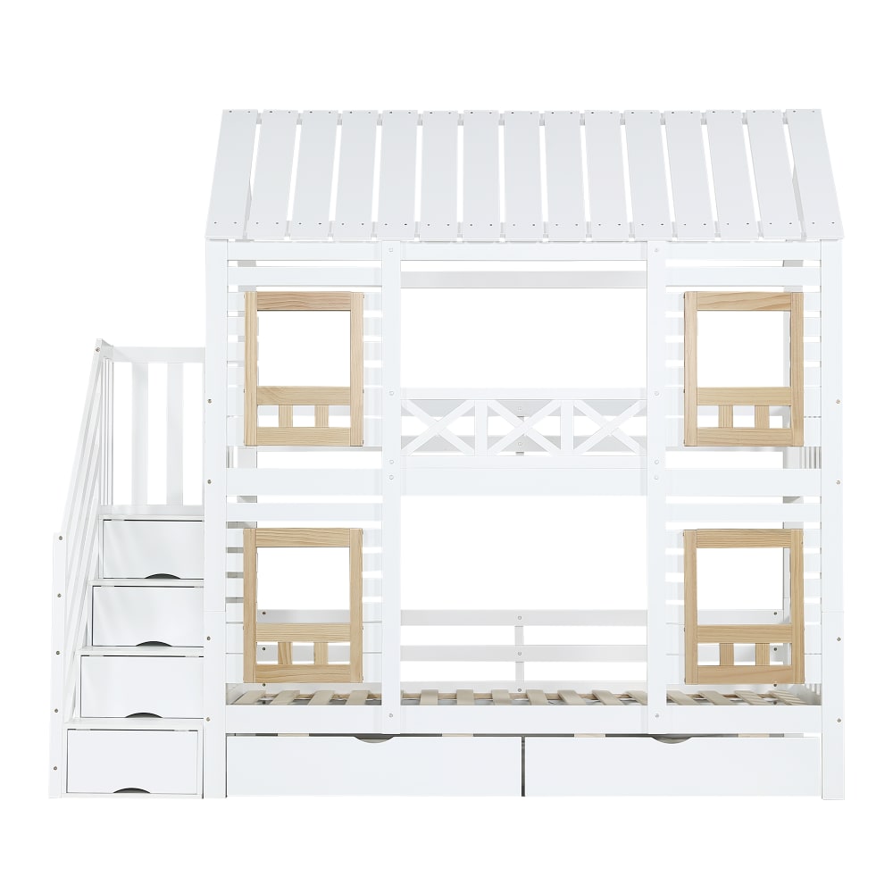 Lit superposé maison avec escalier blanc naturel 90x200 cm