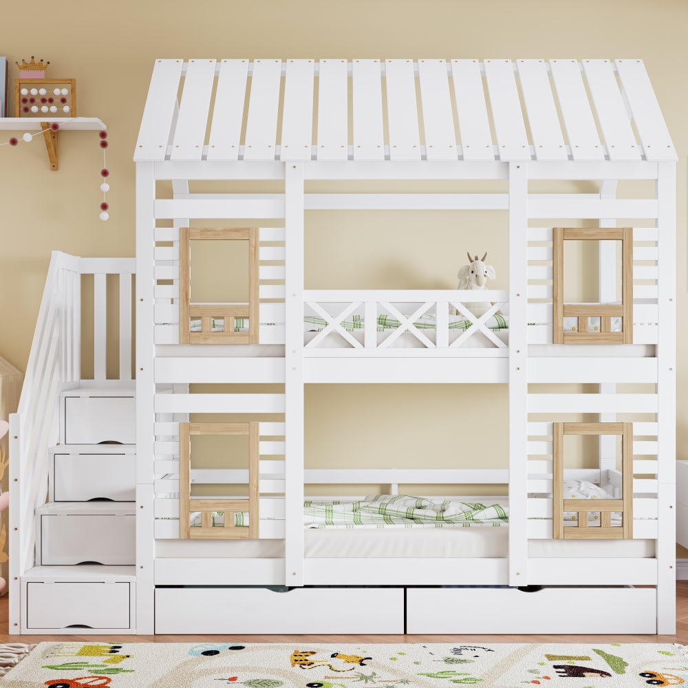 Haus Etagenbett mit Stauraumtreppe Weiß Natur 90x200 cm - Maisons