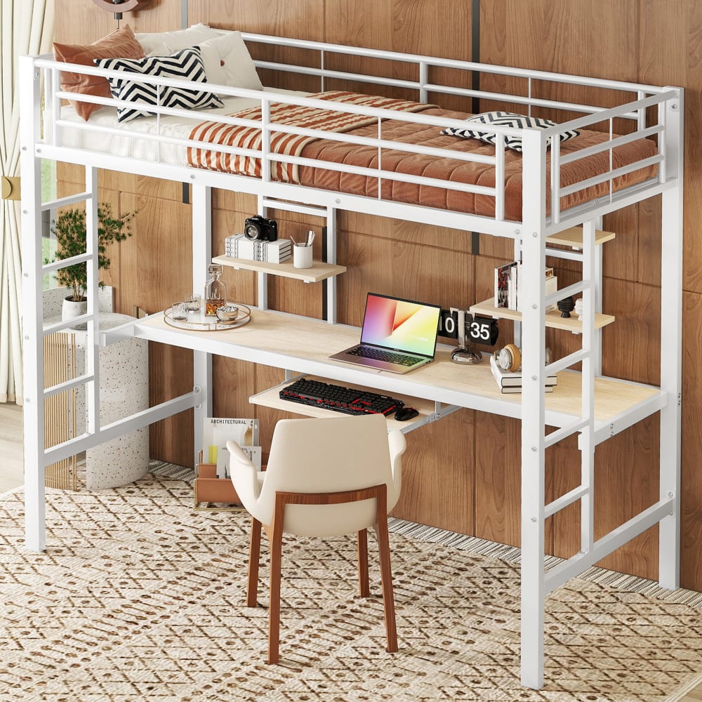 Kinderhochbett mit Schreibtisch und 2 Regalen Weiß 90 x 200 cm -