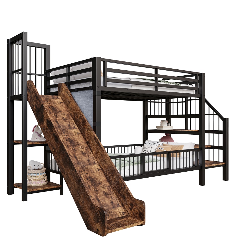 Lit superposé enfant en fer toboggan rangement noir 90x200 cm