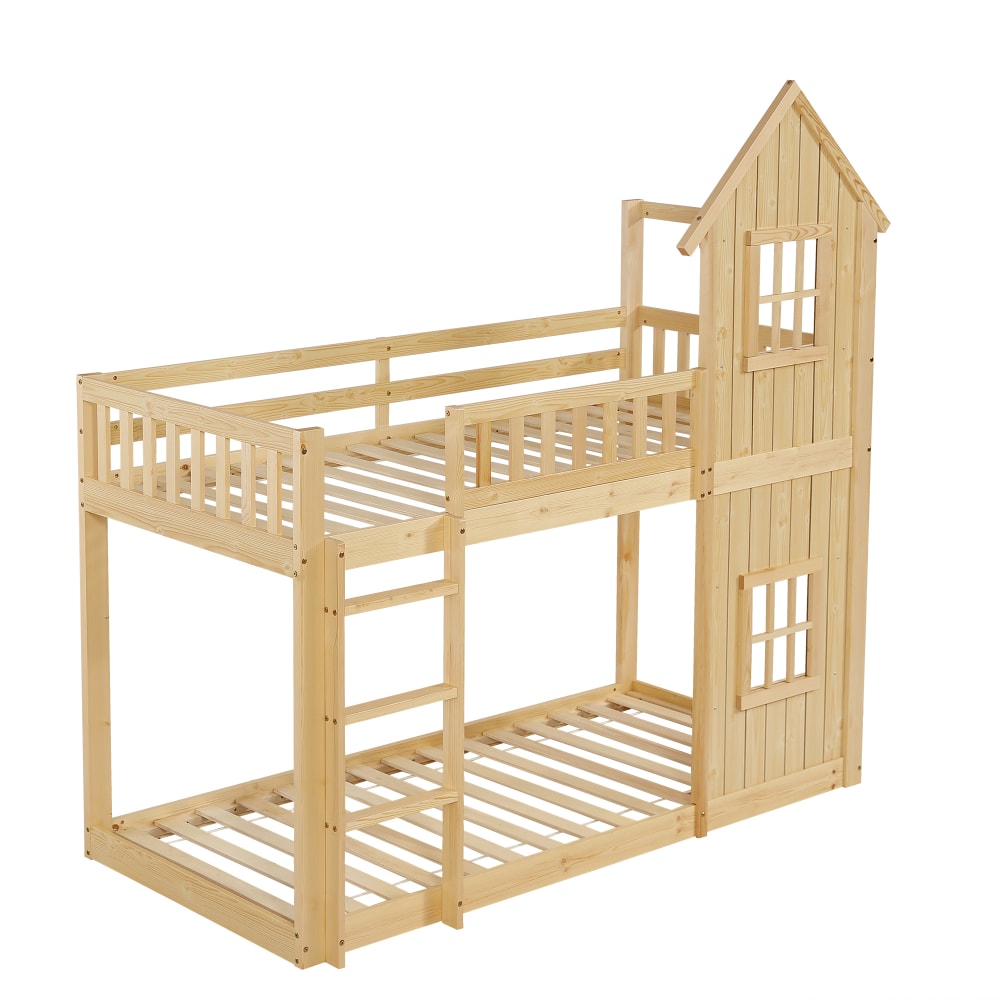 ComfortXL Etagenbett Haus mit Fenstern natur 90x200 cm BEIGE HOLZ Baby