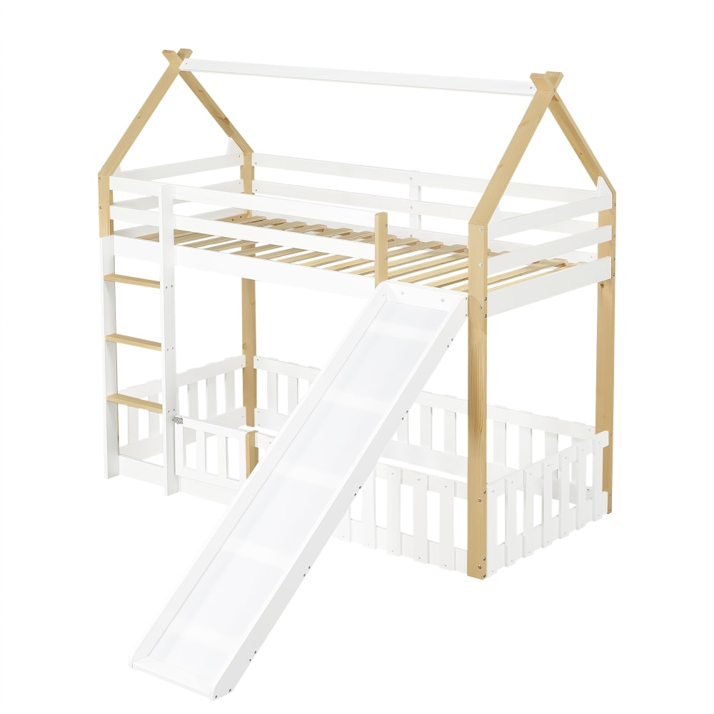 Lit mezzanine maison avec toboggan blanc naturel 90x200 cm