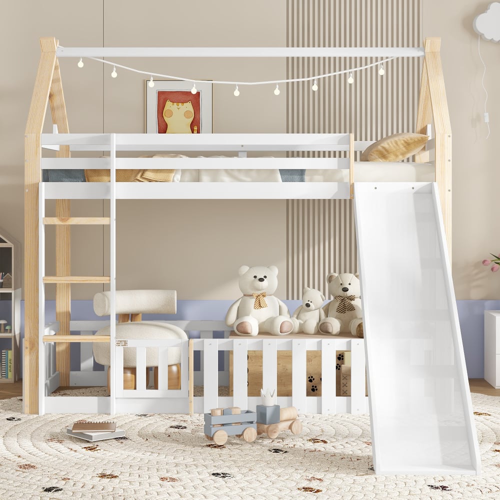 Haus Hochbett mit Rutsche Weiß Natur 90x200 cm - Maisons Du Monde