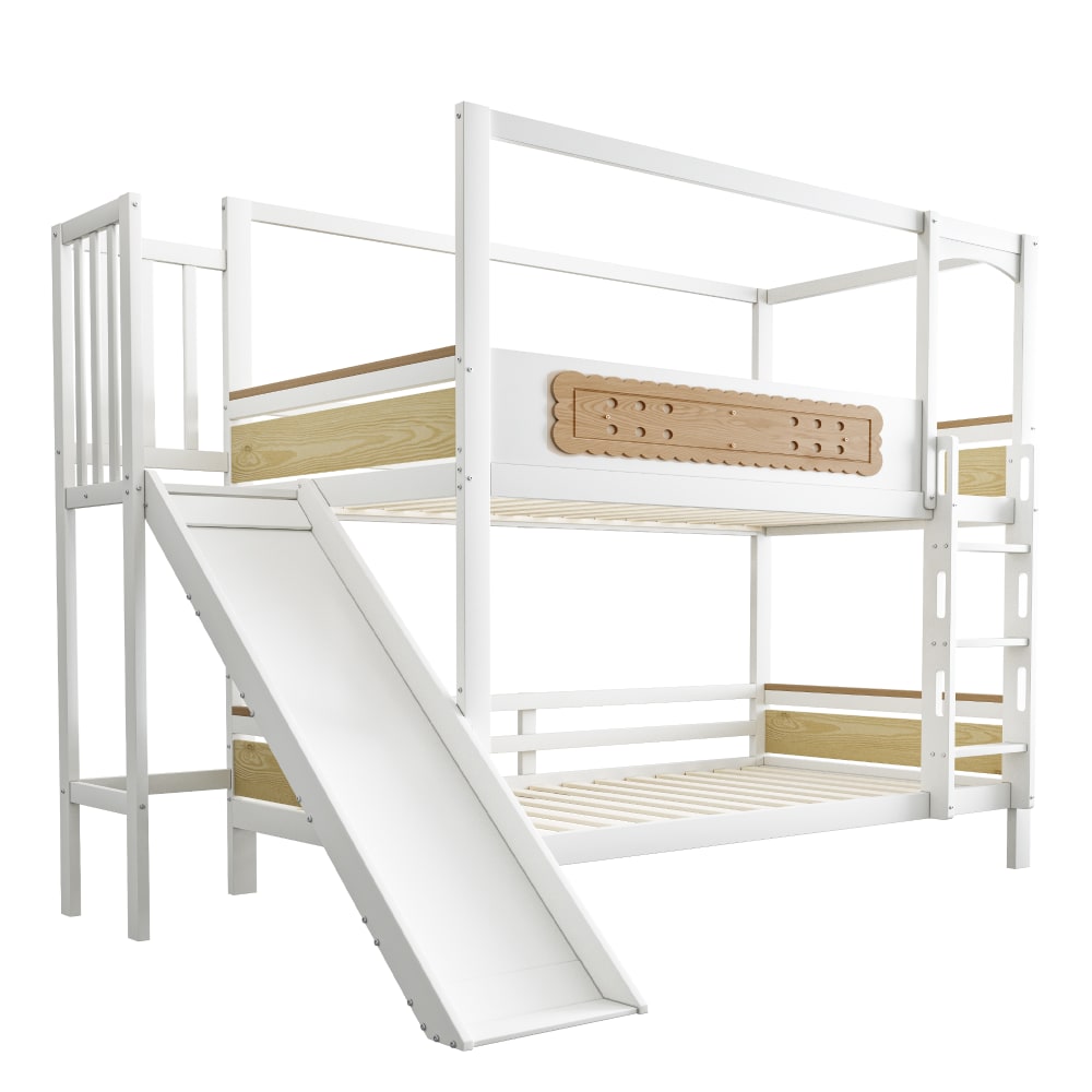 ComfortXL Haus Etagenbett mit Rutsche Weiß Natur 90x200 cm BEIGE HOLZ Baby