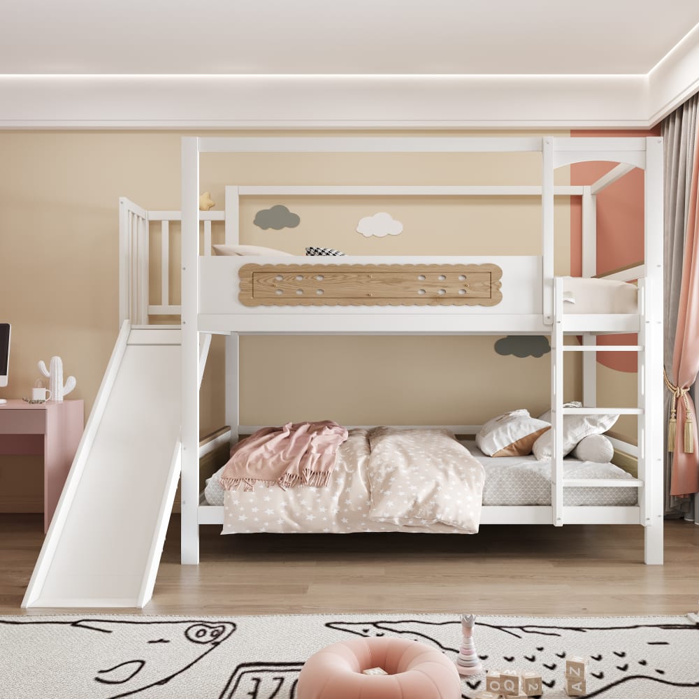 Haus Etagenbett mit Rutsche Weiß Natur 90x200 cm - Maisons Du
