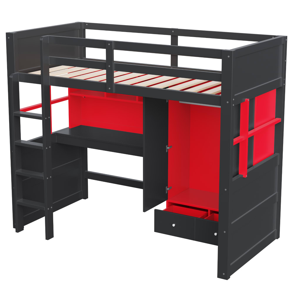 ComfortXL Kinderhochbett mit Schreibtisch und Stauraum schwarz 90 x 200 cm Holz Baby