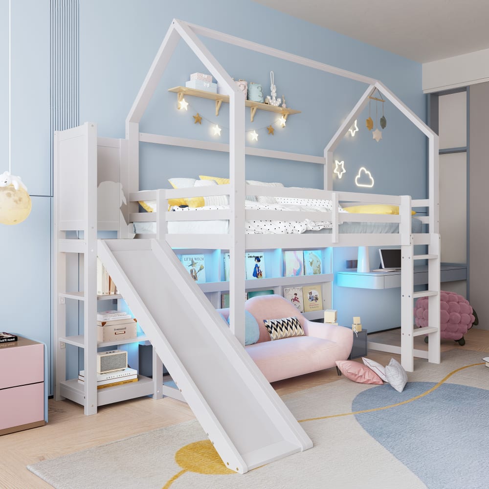 Kinderhochbett in Hausform mit Rutsche und LED Weiß 90 x 200 cm -