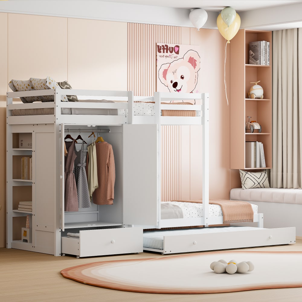 Massivholz Etagenbett Ausziehbett Schrank weiß 90x200 cm -