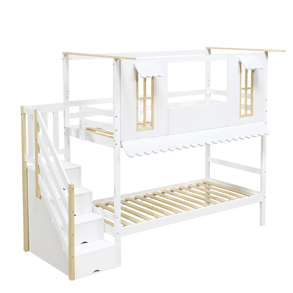 ComfortXL Haus Etagenbett mit Stauraum Weiß Natur 90x200 cm BEIGE HOLZ Baby