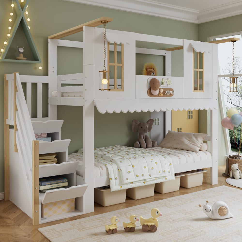 Haus Etagenbett mit Stauraum Weiß Natur 90x200 cm - Maisons Du