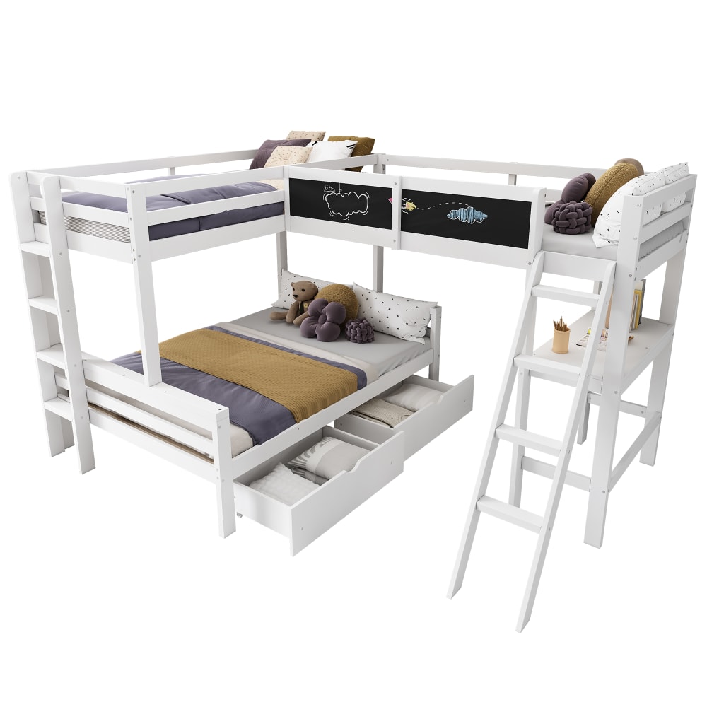 Lit superposé triple avec bureau blanc chêne 90x200 140x200 cm