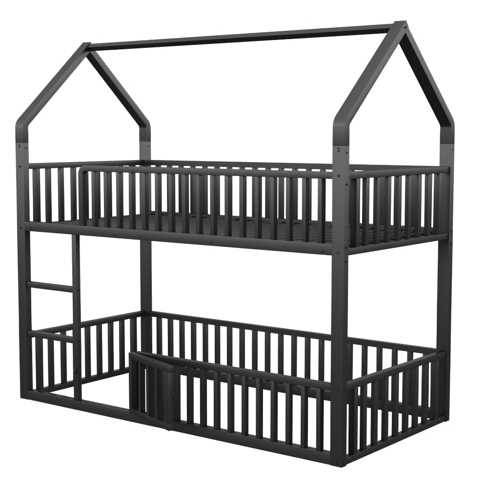 Lit superposé maison en fer avec porte noir 90x200 cm