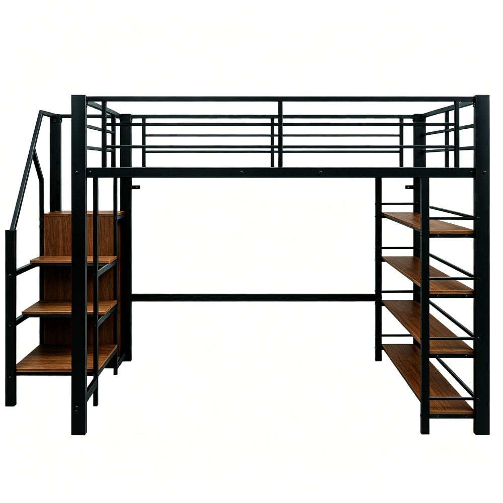 Kinderhochbett aus Eisen mit Treppe und Stauraum schwarz 140 x