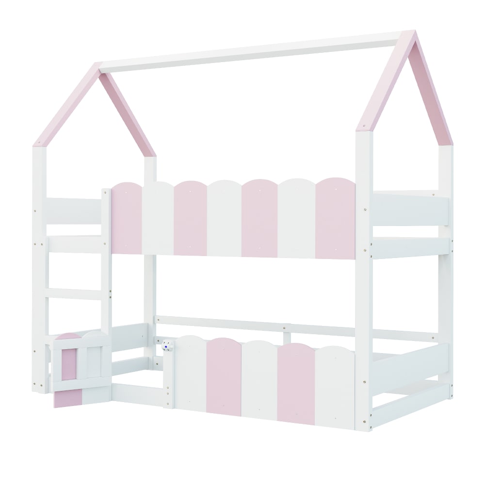 Lit superposé maison enfants blanc rose 90x200 cm