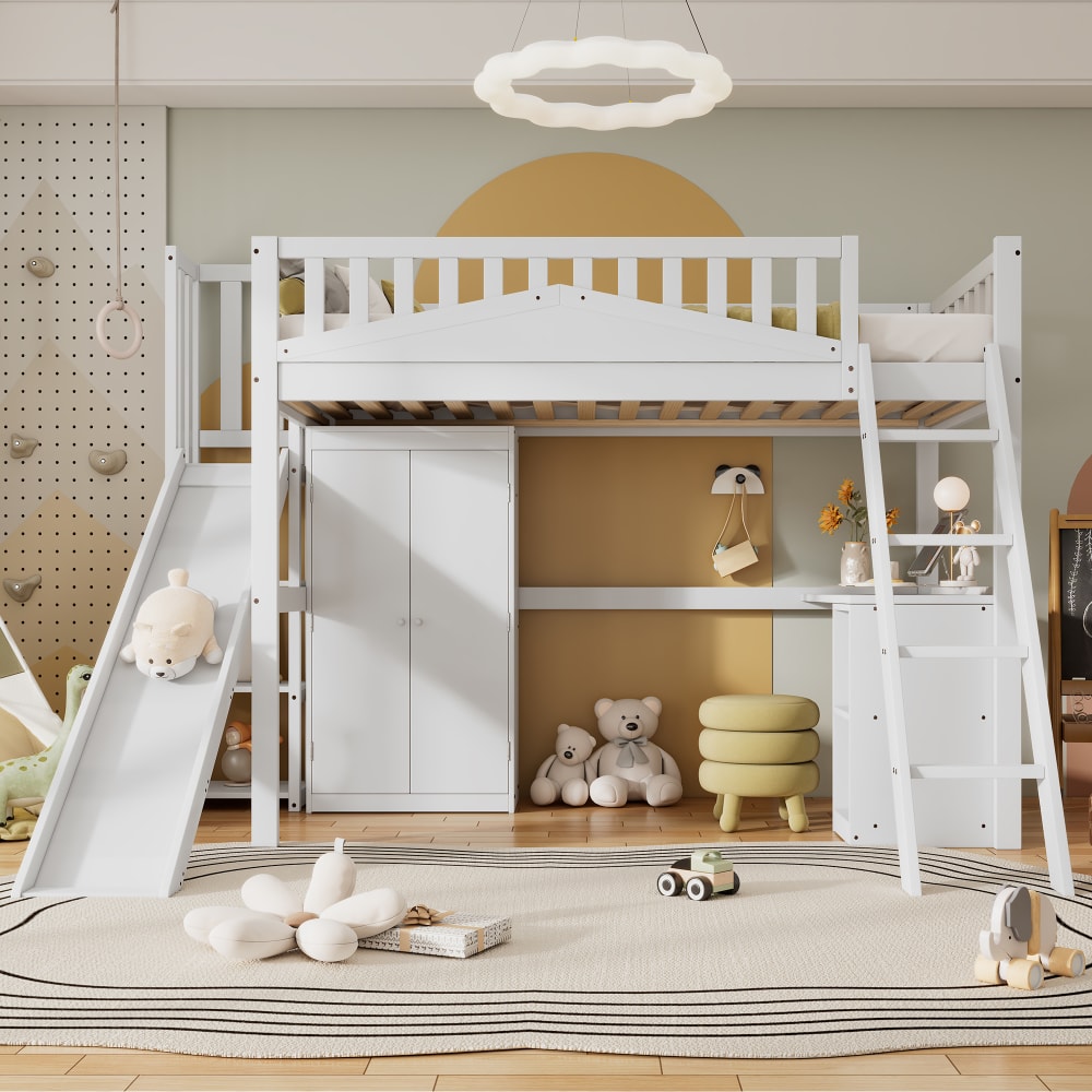 Hochbett Kinder Rutsche Büro Kleiderschrank Weiß 90x200 cm -