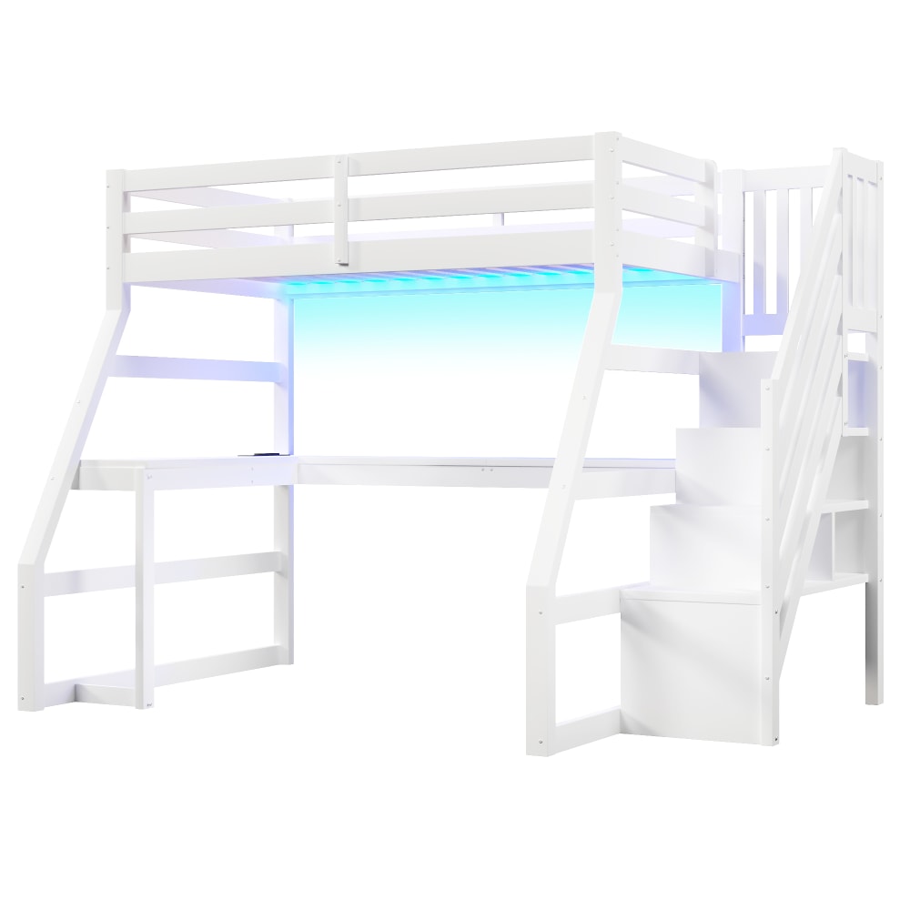 ComfortXL Kinderhochbett mit Schreibtisch und LED weiß 90 x 200 cm Holz Baby