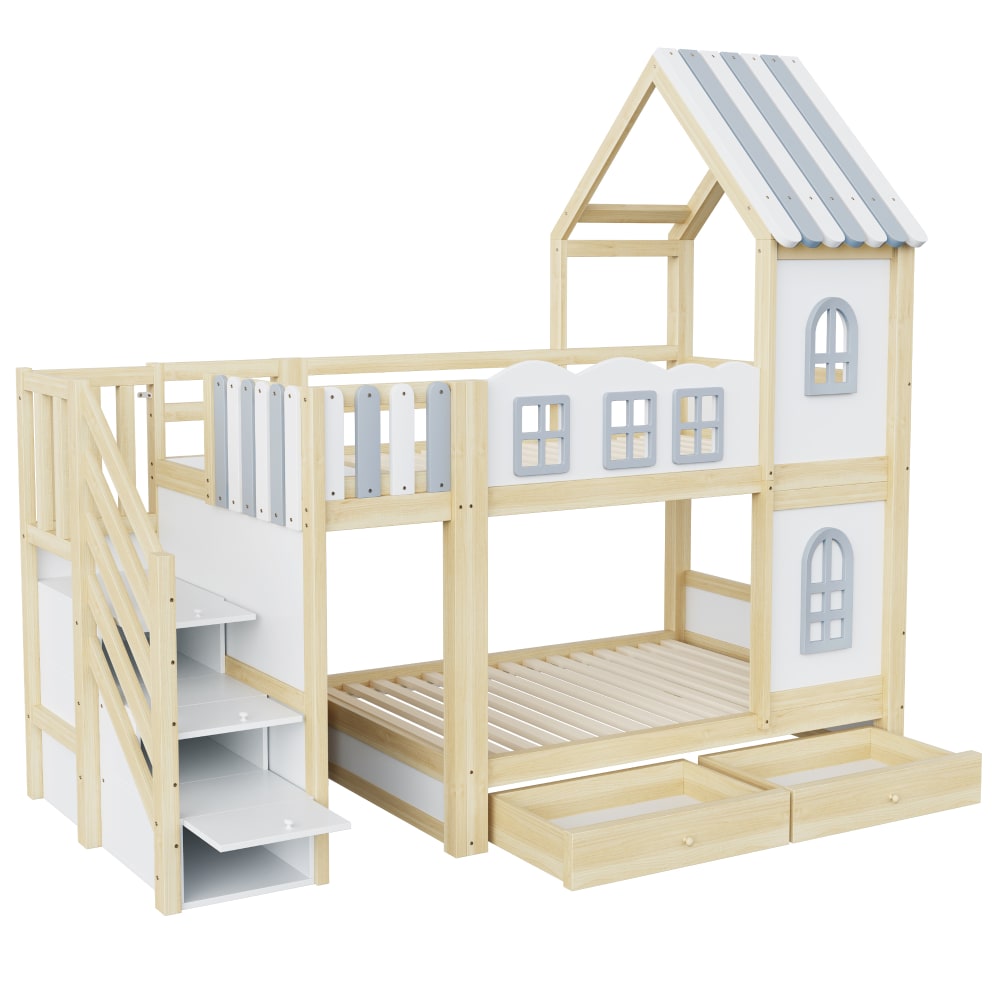 ComfortXL Kinder Etagenbett Haus Wolkengitter Stauraum weiß 90x200 cm Holz Baby
