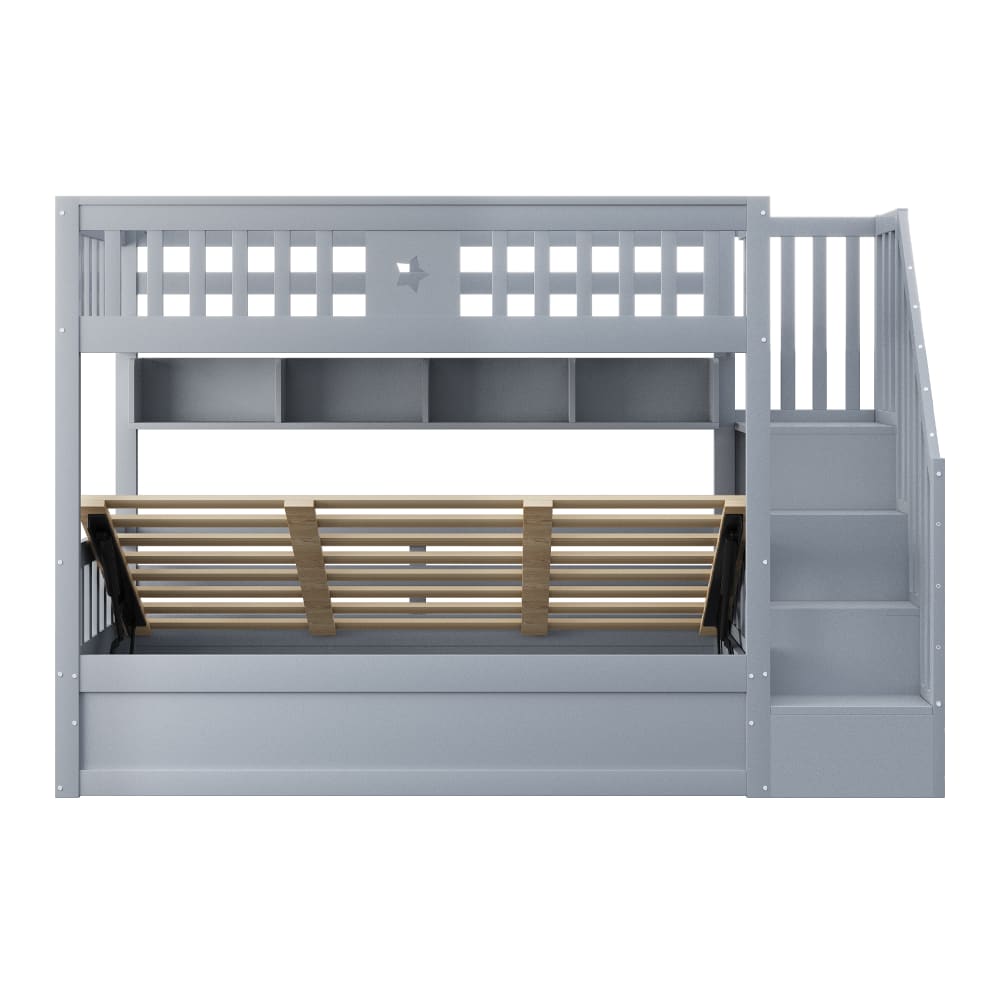 Lit superposé bois rangement hydraulique gris 90x200 cm