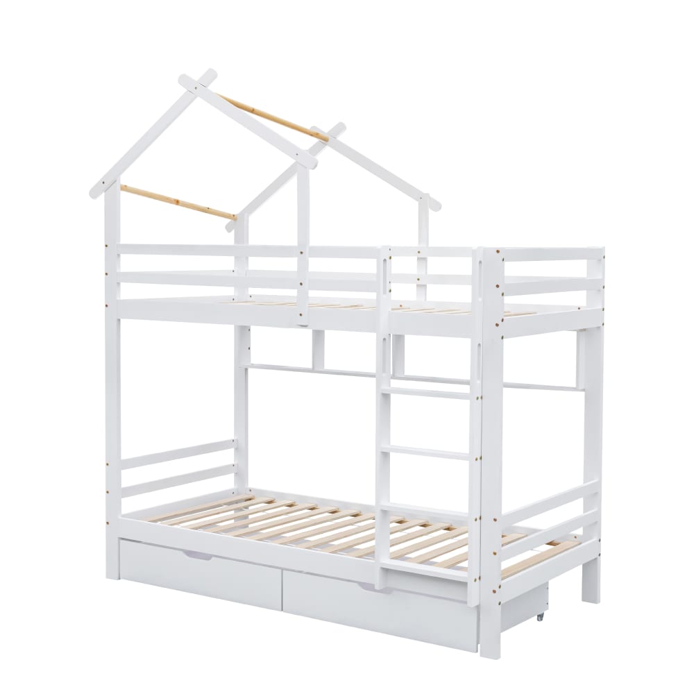 Lit superposé cabane bois tiroirs étagères blanc 90x200 cm