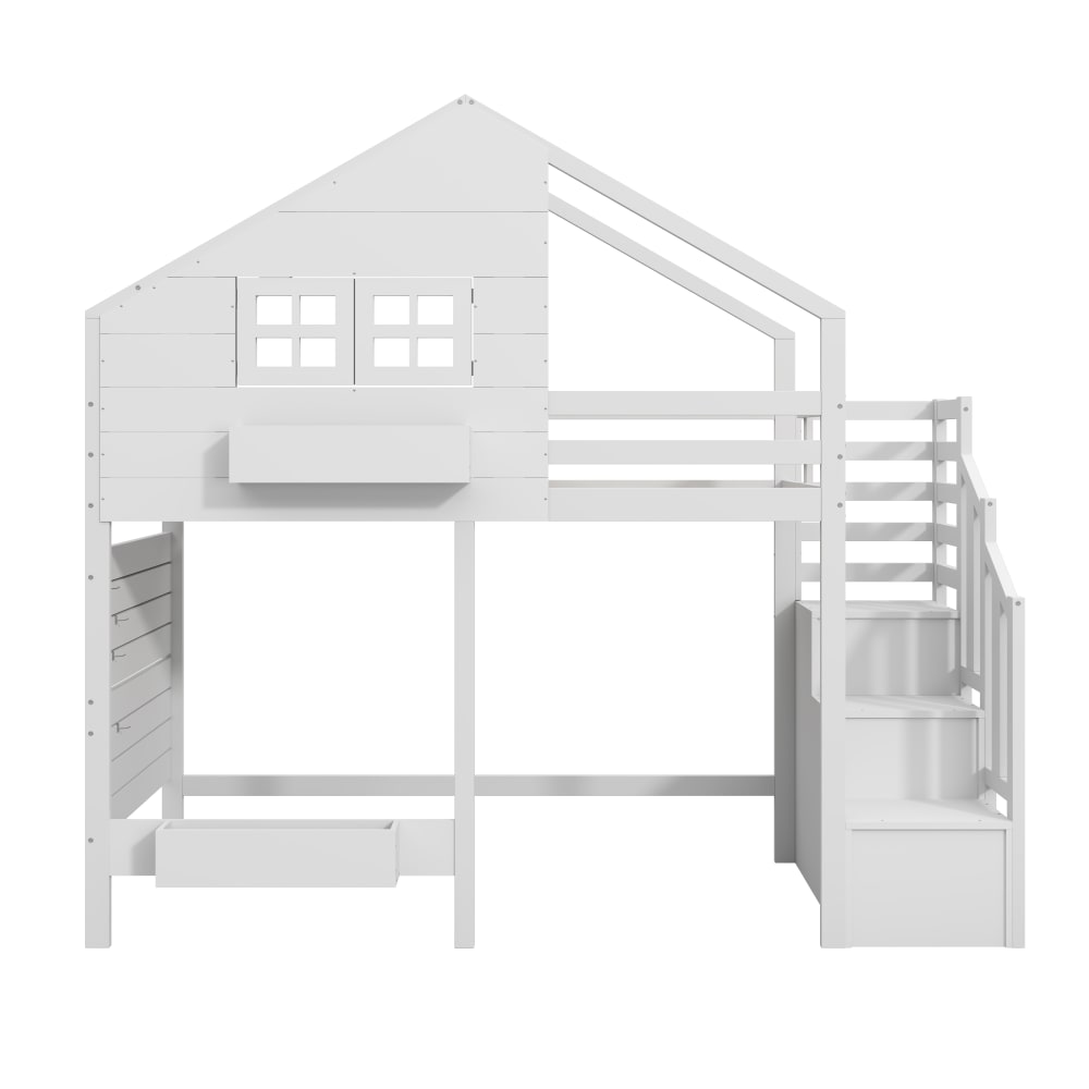 Lit superposé maison avec escalier rangement blanc 90x200 cm