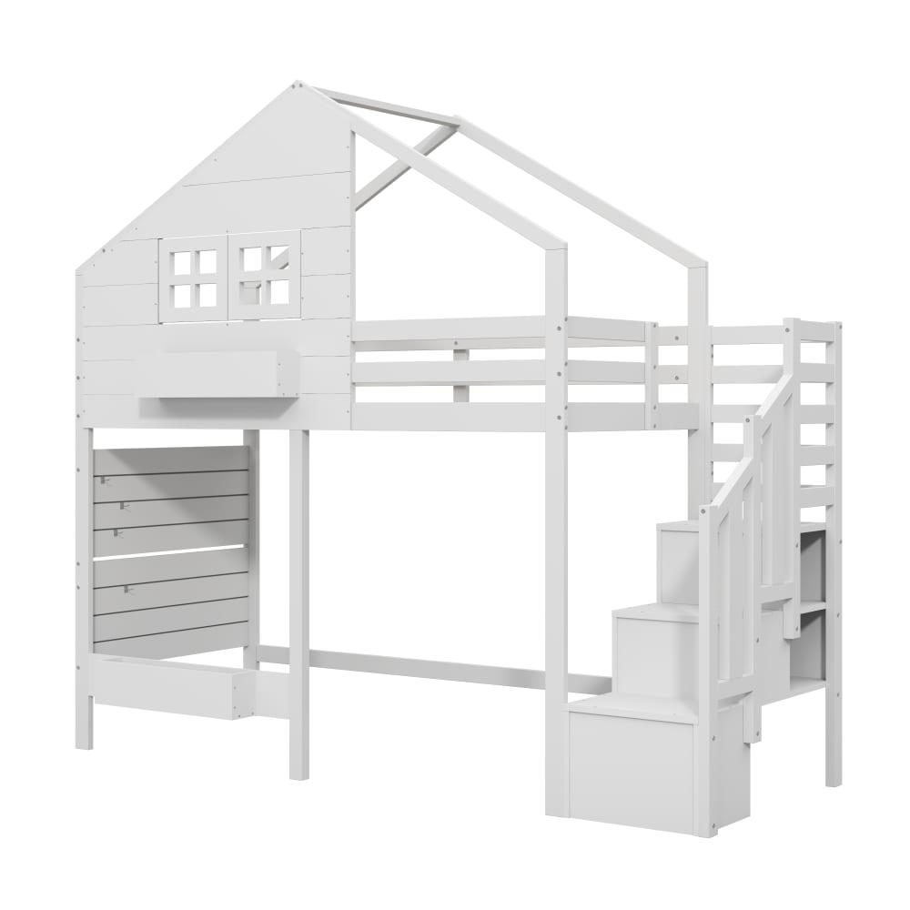 Haus Etagenbett mit Stauraumtreppe Weiß 90x200 cm - Maisons Du