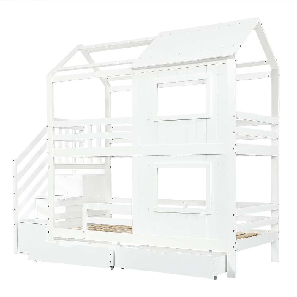 Lit superposé maison avec escalier rangement blanc 90x200 cm