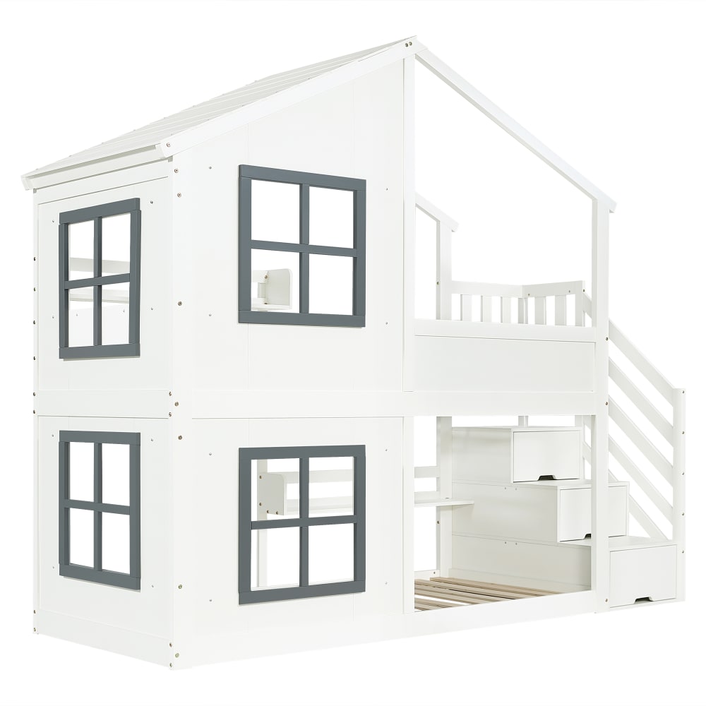 Lit superposé maison escalier rangement blanc gris 90x200 cm